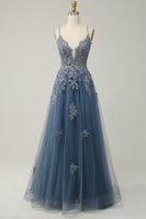 Load image into Gallery viewer, A-Line Spaghetti Straps Grey Blue Lace-Up Back Long Prom Dress with Appliques