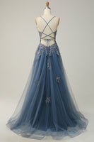 Load image into Gallery viewer, A-Line Spaghetti Straps Grey Blue Lace-Up Back Long Prom Dress with Appliques