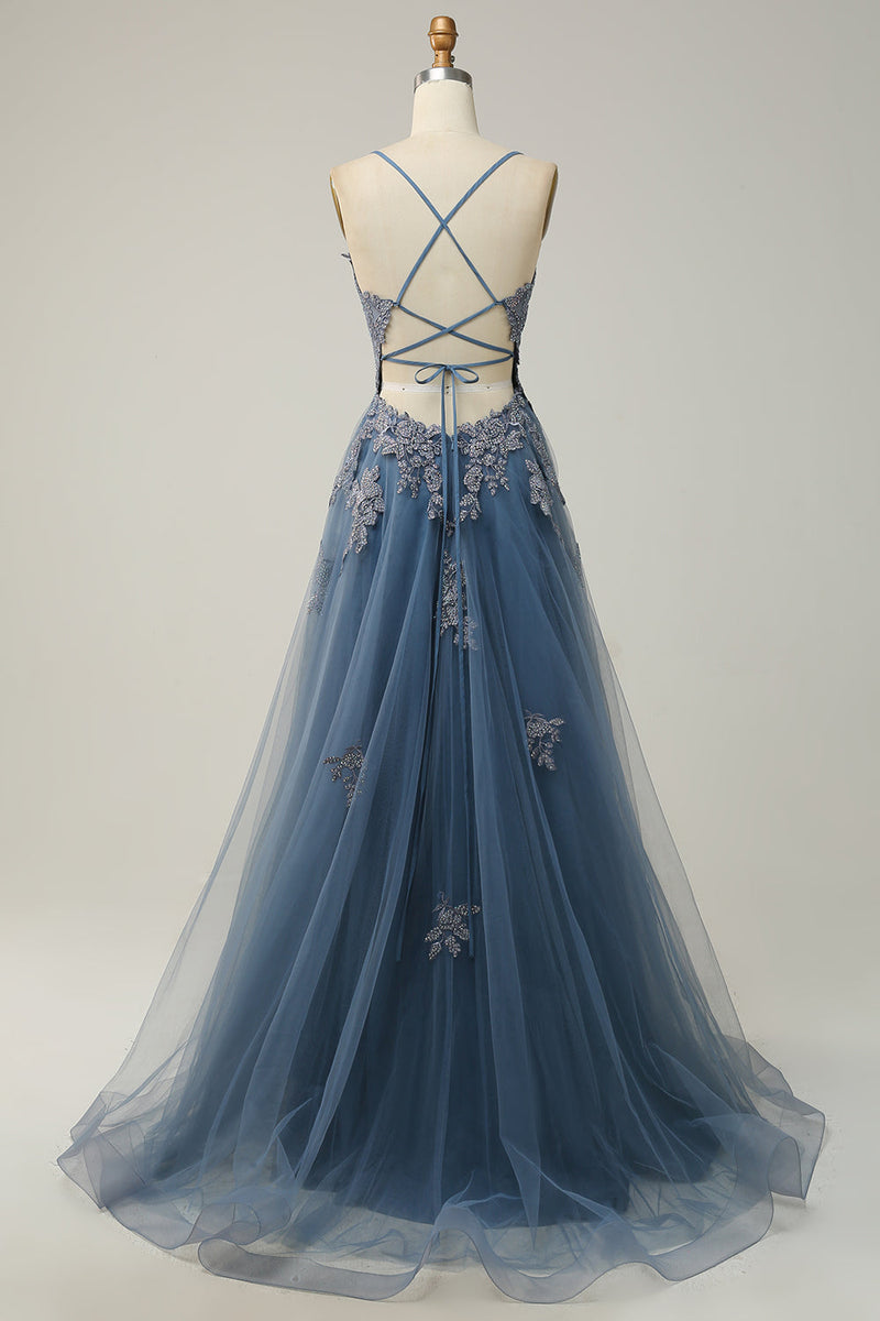 Load image into Gallery viewer, A-Line Spaghetti Straps Grey Blue Lace-Up Back Long Prom Dress with Appliques