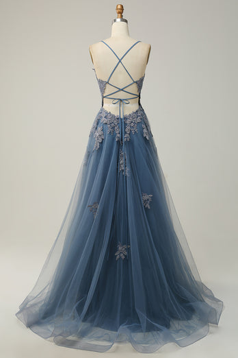 A-Line Spaghetti Straps Blush Long Prom Dress with Appliques