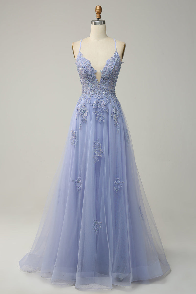 Queendancer Women Grey Blue Long Prom Dress with Appliques A-Line Spaghetti Straps Lace-Up Back Formal Dress queendanceruk Queendancer Women Grey Blue Long Prom Dress with Appliques A-Line Spaghetti Straps Lace-Up Back Formal Dress queendanceruk