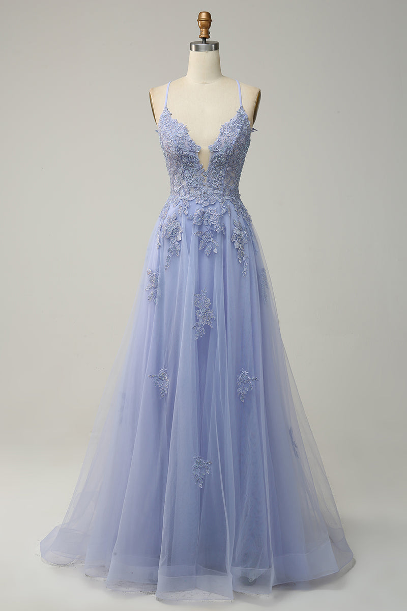 Load image into Gallery viewer, A-Line Spaghetti Straps Blush Long Prom Dress with Appliques