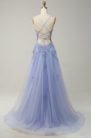 Load image into Gallery viewer, A-Line Spaghetti Straps Grey Blue Lace-Up Back Long Prom Dress with Appliques