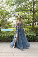 Load image into Gallery viewer, A-Line Spaghetti Straps Grey Blue Lace-Up Back Long Prom Dress with Appliques
