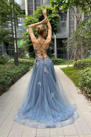Load image into Gallery viewer, A-Line Spaghetti Straps Grey Blue Lace-Up Back Long Prom Dress with Appliques