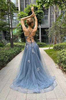 A-Line Spaghetti Straps Grey Blue Lace-Up Back Long Prom Dress with Appliques