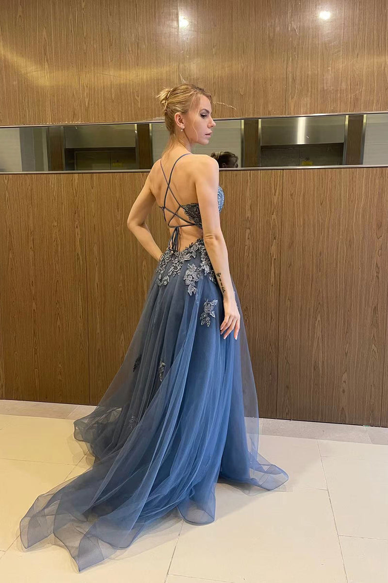 Load image into Gallery viewer, A-Line Spaghetti Straps Grey Blue Lace-Up Back Long Prom Dress with Appliques