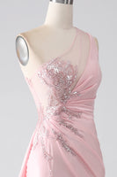Load image into Gallery viewer, Pink Mermaid One Shoulder Sequins Appliques Ruched Prom Dress With Slit