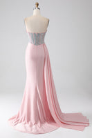 Load image into Gallery viewer, Pink Mermaid Strapless Beaded Pleated Long Prom Dress With High Slit