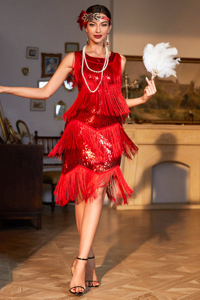 Red Fringed Roaring 20s Sequins Dress