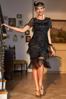 Load image into Gallery viewer, Black Beaded Gatsby Fringed Flapper Dress