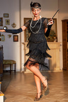 Load image into Gallery viewer, Black Beaded Gatsby Fringed Flapper Dress