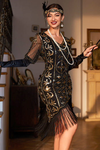 Black Golden V-neck Sequin Fringed Flapper Dress