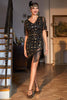 Load image into Gallery viewer, Black Golden V-neck Sequin Fringed Flapper Dress