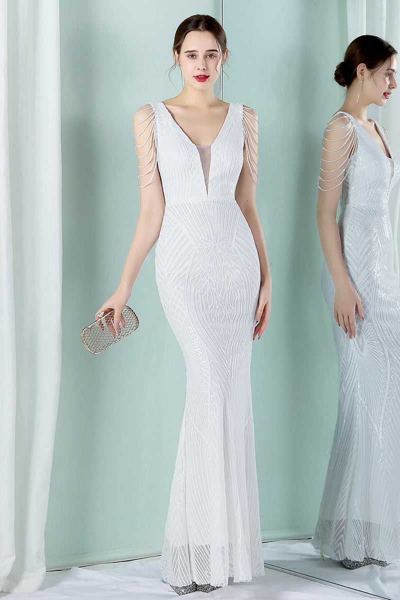 Load image into Gallery viewer, White Deep V Neck Mermaid Evening Dress