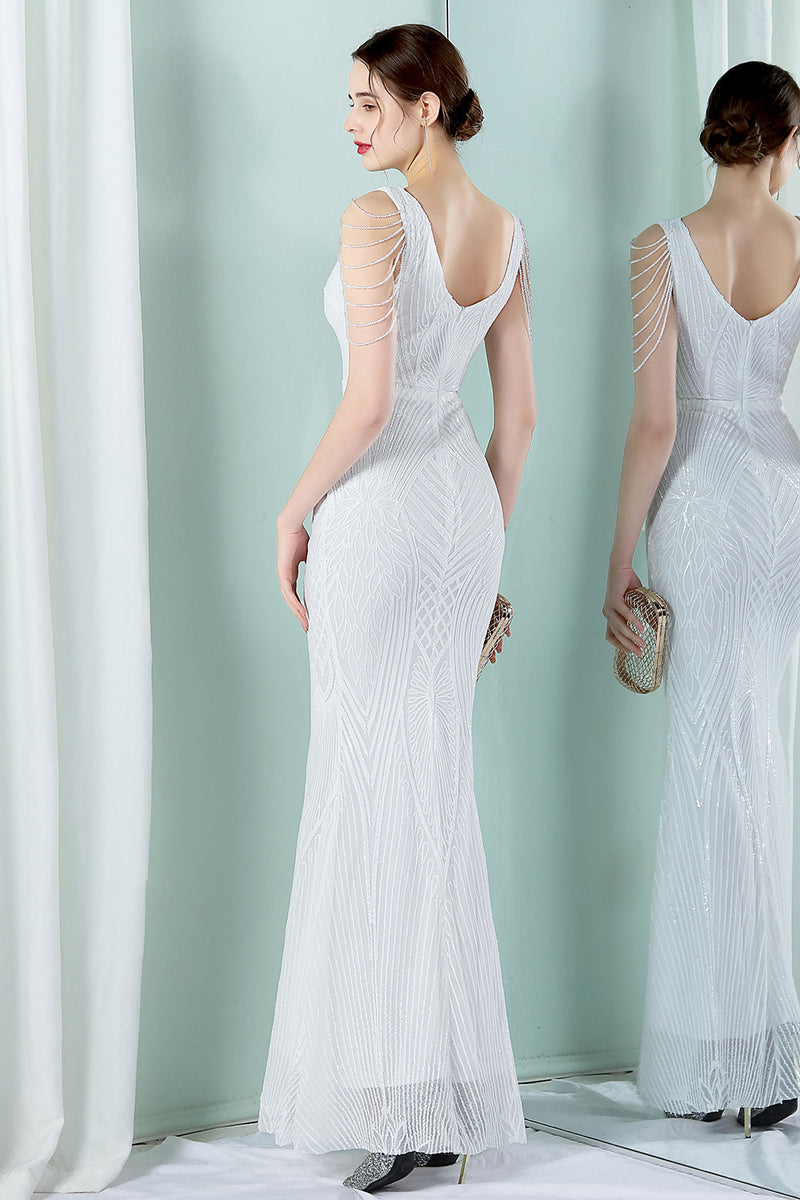 Load image into Gallery viewer, White Deep V Neck Mermaid Evening Dress