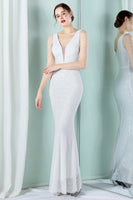 Load image into Gallery viewer, White Deep V Neck Mermaid Evening Dress