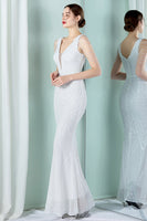 Load image into Gallery viewer, White Deep V Neck Mermaid Evening Dress