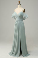 Load image into Gallery viewer, Dusty Sage Cold Shoulder A Line Long Bridesmaid Dress