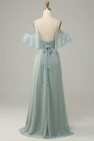 Load image into Gallery viewer, Dusty Sage Cold Shoulder A Line Long Bridesmaid Dress