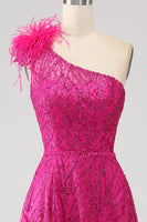 Load image into Gallery viewer, Fuchsia A-Line One Shoulder Feather Sequin Long Prom Dress With Slit