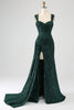 Load image into Gallery viewer, Dark Green Sheath Sparkly Sequin Pleated Long Prom Dress With Thigh Split