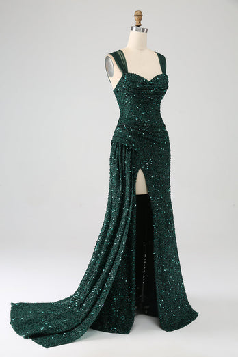 Queendancer Women Dark Green Prom Dress Sheath Sparkly Sequin Pleated Long Evening Dress With Thigh Split queendanceruk