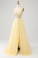 Load image into Gallery viewer, Tulle Beaded Light Yellow Prom Dress with Slit