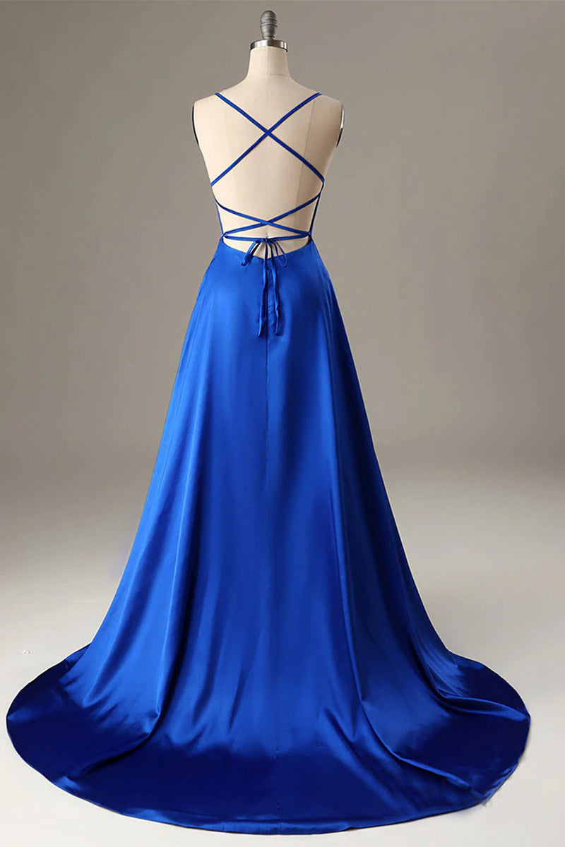 Load image into Gallery viewer, Royal Blue Halter Backless A Line Prom Dress