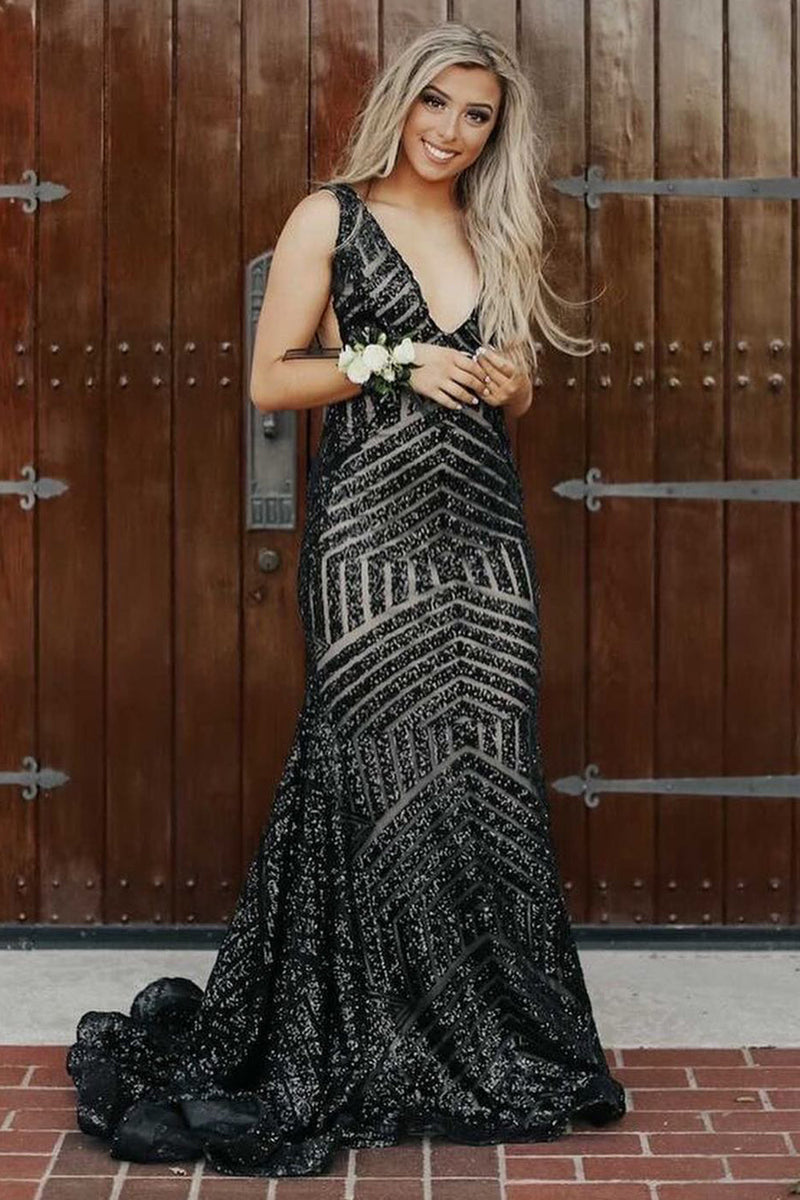 Load image into Gallery viewer, Fuchsia Deep V Neck Sequin Mermaid Prom Dress