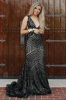 Load image into Gallery viewer, Dark Green Deep V Neck Sequin Mermaid Prom Dress