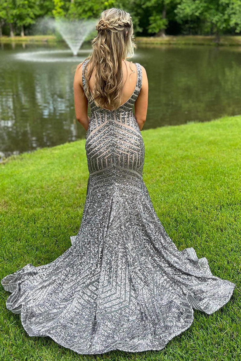 Load image into Gallery viewer, Fuchsia Deep V Neck Sequin Mermaid Prom Dress