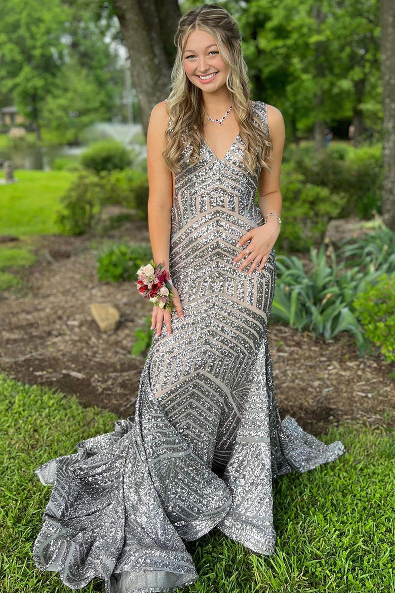 Load image into Gallery viewer, Fuchsia Deep V Neck Sequin Mermaid Prom Dress