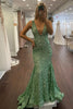 Load image into Gallery viewer, Dark Green Deep V Neck Sequin Mermaid Prom Dress