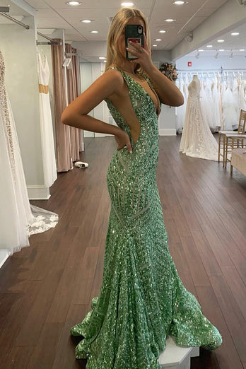 Dark Green Deep V Neck Sequin Mermaid Prom Dress