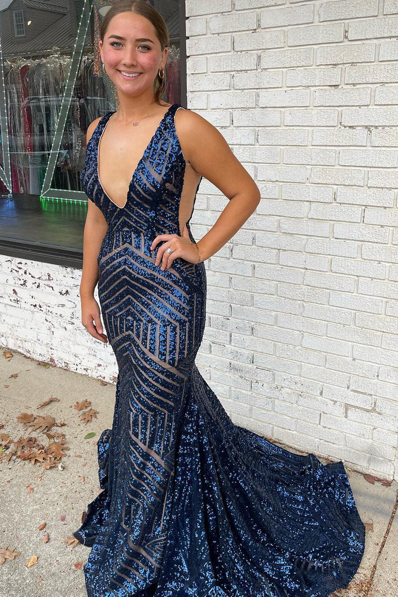 Load image into Gallery viewer, Fuchsia Deep V Neck Sequin Mermaid Prom Dress