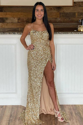 Mermaid Glitter Sequins Sexy Golden Backless Long Prom Dress