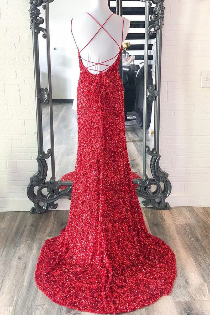 Load image into Gallery viewer, Mermaid Glitter Sequins Sexy Golden Backless Long Prom Dress