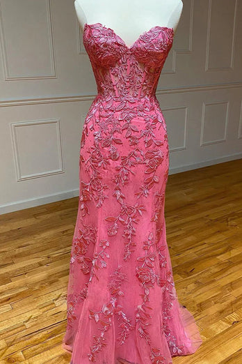 Coral Sweetheart Lace-Up Long Mermaid Prom Dress with Appliques