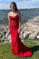 Load image into Gallery viewer, Women Red Mermaid Long Prom Dress with Appliques Sweetheart Lace-Up Formal Party Dress