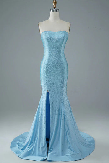 Blue Strapless Mermaid Prom Dress