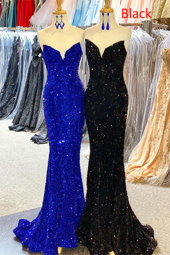 Strapless Sequins Royal Blue Mermaid Prom Dress