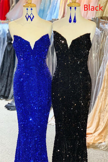 Strapless Sequins Royal Blue Mermaid Prom Dress