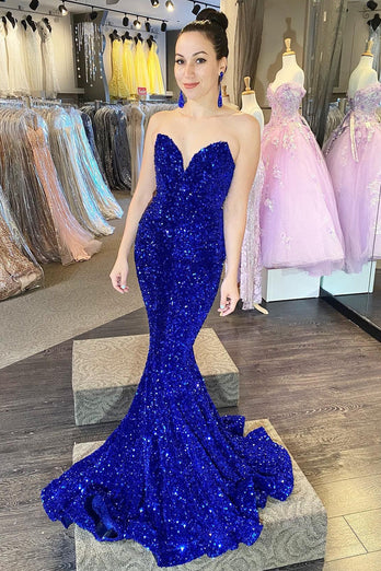 Strapless Sequins Royal Blue Mermaid Prom Dress