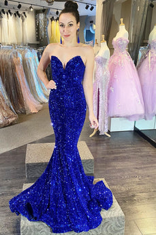 Strapless Sequins Royal Blue Mermaid Prom Dress