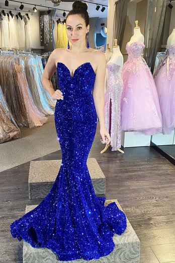 Strapless Sequins Royal Blue Mermaid Prom Dress