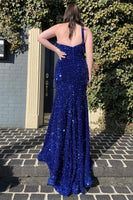 Load image into Gallery viewer, Sheath One Shoulder Red Sequins Prom Dress with Slit