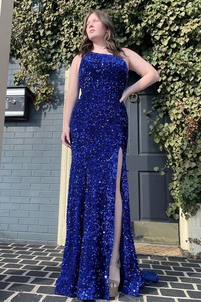 Load image into Gallery viewer, Sheath One Shoulder Red Sequins Prom Dress with Slit