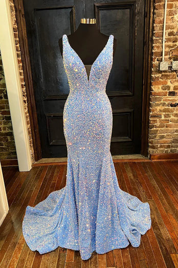 Blue Sequins Mermaid Prom Dress