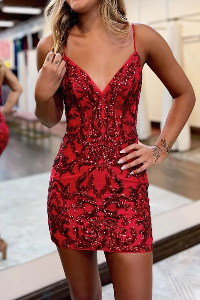 Load image into Gallery viewer, Sheath Spaghetti Straps Red Short Prom Dress with Embroidery
